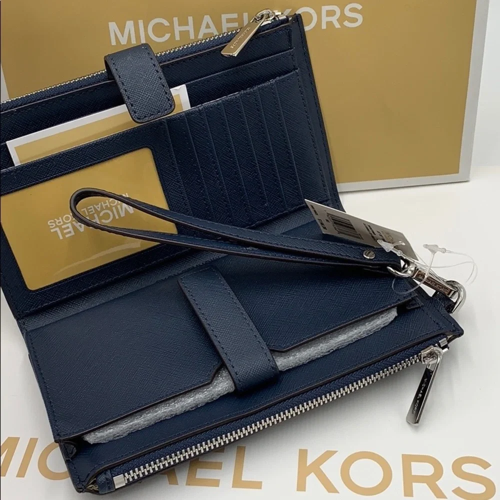 MICHAEL KORS JET SET TRAVEL LG DOUBLE ZIP WALLET WRISTLET PHONE HOLDER ADMIRAL